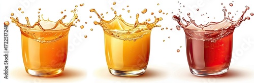 Three glasses of juice, one orange, one red, with splashes