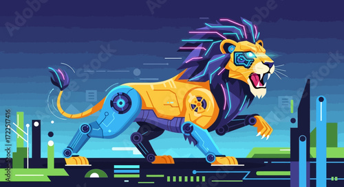 Futuristic Cybernetic Lion with Mechanical Parts and Glowing Mane.
