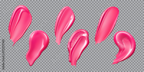 Realistic pink lipstick or cosmetic swatch smears and daub strokes with glossy and matte texture, vector set. Lipstick smudges or cosmetic swatch of lip color liquid makeup or pink paint smears