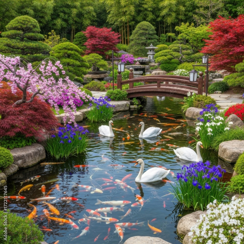 Fototapeta premium Tranquil Garden Pond With Swans And Koi Fish Serene Landscape