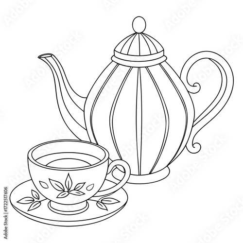 A charming black and white line drawing of a vintage teapot and a delicate teacup with a saucer perfect for tea time illustrations and designs