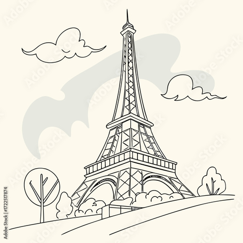 A charming hand drawn line art illustration of the eiffel tower in paris with stylized clouds and trees on a light cream background