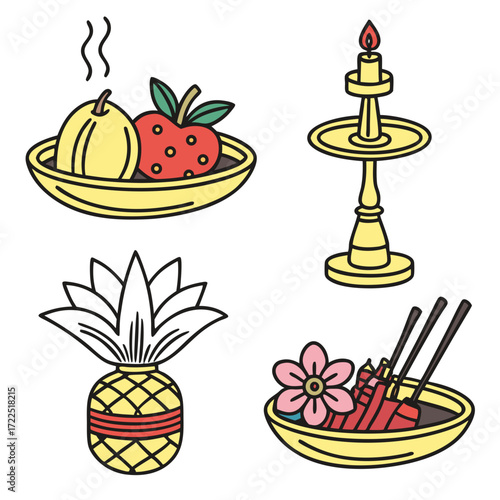 A collection of four colorful flat illustrations depicting offerings including fruit a lit candle a pineapple and incense sticks with a flower on a white background