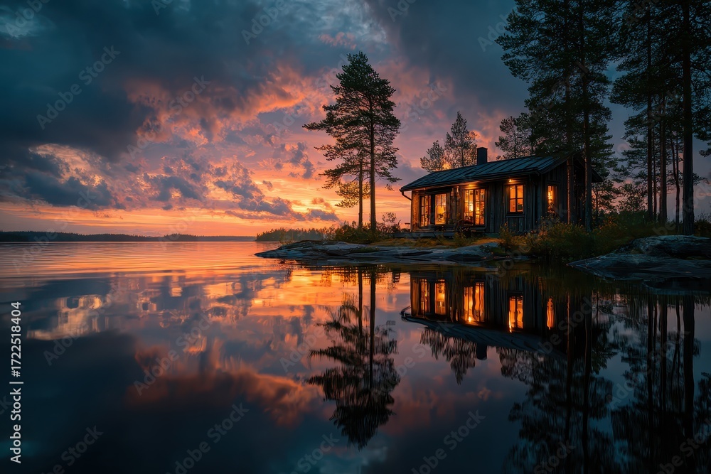 Obraz premium Cozy cabin is reflected in the tranquil lake at sunset, Finland. Use this to depict serene landscapes, travel, and peaceful getaways.