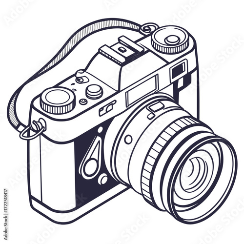 A detailed black and white line art illustration of a vintage style camera with a lens and strap perfect for photography related designs and concepts