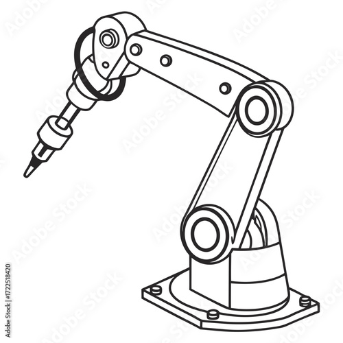 A detailed black and white line drawing illustration of a robotic arm with multiple joints and a gripper end effector isolated on a white background