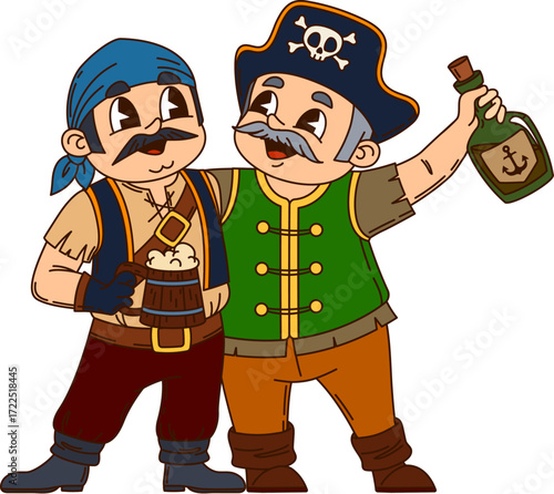 Cartoon European pirate and corsair character friends. Captain and sailor, boatswain and skipper. Two vector privateers standing side by side with arms around each other. One holds a rum bottle