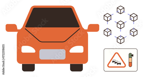 Autonomous car paired with blockchain nodes and traffic safety icons including congestion and emission alerts. Ideal for technology, AI, innovation, sustainable mobility, safety, future concepts