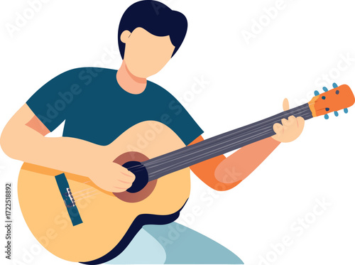 A man is engaged in playing an acoustic guitar, showcasing his musical talent in a relaxed environment.