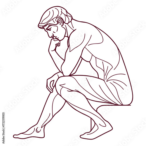 A minimalist line art illustration of a classical male figure in a pensive pose contemplating deeply with his chin resting on his hand symbolizing thought and introspection