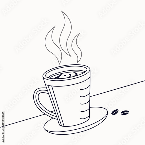 A minimalist line art illustration of a steaming cup of coffee on a saucer with coffee beans nearby perfect for beverage and cafe themes