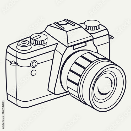 A minimalist line art illustration of a modern digital camera with a prominent lens presented in a clean simple and graphic style on a neutral background