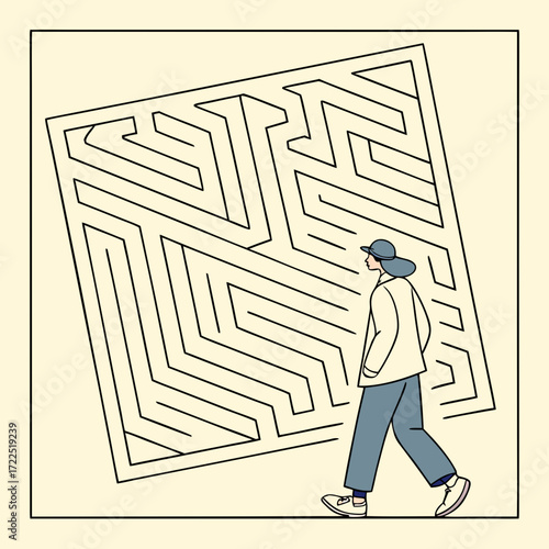 A person wearing a hat and casual clothing walks towards a large complex geometric maze symbolizing a journey of discovery and problem solving