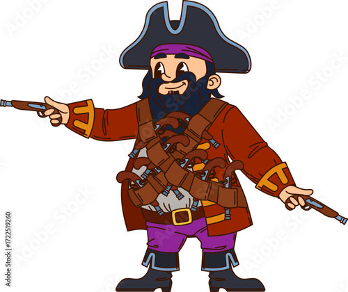 Caribbean pirate or corsair character with musket guns, cartoon groovy vector. Caribbean pirate sailor or seaman captain in tricorne hat armed with musket guns and bandoleer as corsair funny character