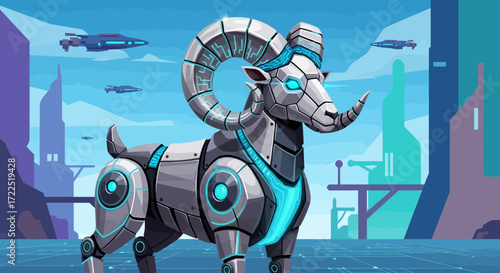 Futuristic Robotic Ram with Glowing Blue Accents.
