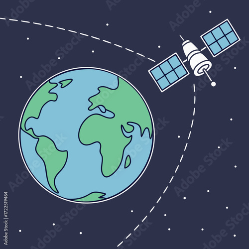 A simple flat design illustration shows a satellite orbiting the earth against a dark blue starry sky with dashed lines indicating its path
