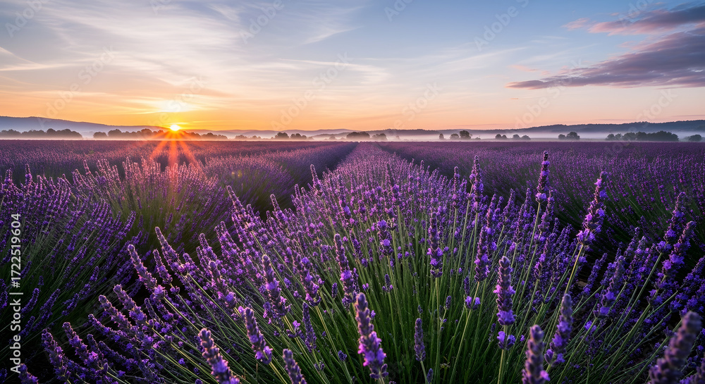 Fototapeta premium Vast lavender field at sunrise with sun rays