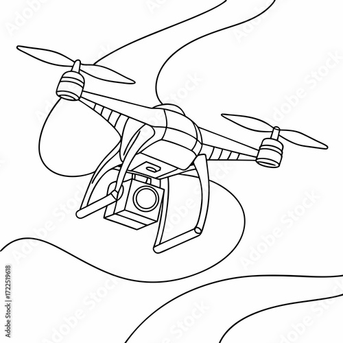 A simple outline drawing of a quadcopter drone with a camera attached flying through the air with abstract wavy lines representing movement or landscape