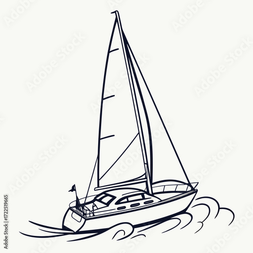 A sleek sailboat with full sails glides through choppy blue waves under a clear sky depicted in a simple elegant line art style