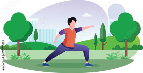 Vector illustration of a man practicing yoga in a serene park setting, surrounded by trees and grass.