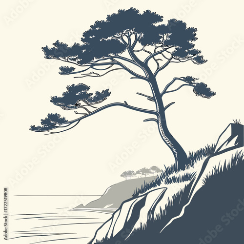 A solitary pine tree stands on a rocky cliff overlooking the ocean its branches reaching towards the calm water under a pale sky