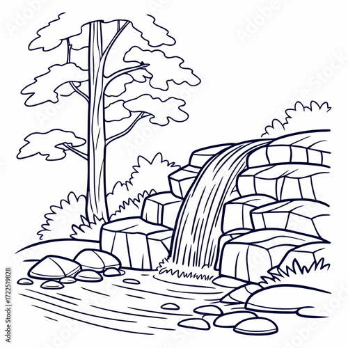 A stylized black and white line drawing of a natural landscape featuring a cascading waterfall flowing over rocks with a tall pine tree and surrounding foliage