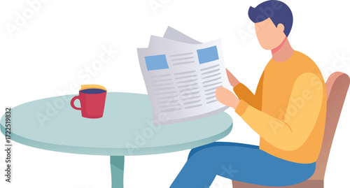 Man reading a newspaper at a table, with a cup of coffee beside him.