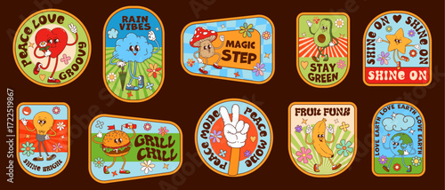 Hippie groovy label stickers and y2k patches set. Vector retro groovy heart, flower, banana and mushroom characters patch stickers. Hippie love, peace and good vibe y2k cloud, burger and star labels