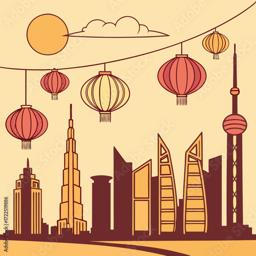 A stylized illustration of a city skyline featuring iconic buildings and traditional chinese lanterns hanging against a pale yellow sky with a sun and clouds