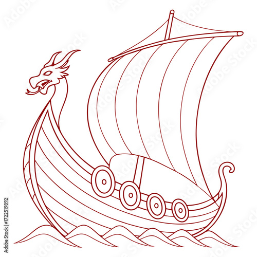 A stylized illustration of a red viking longship with a dragon head prow and a single sail sailing on wavy water perfect for historical or fantasy themes
