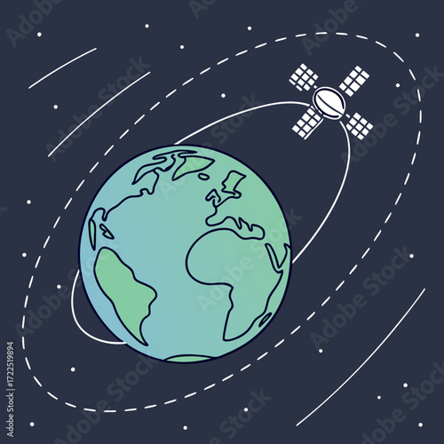 A stylized illustration of planet earth orbiting in the vastness of space with a satellite in its orbital path surrounded by stars and streaks
