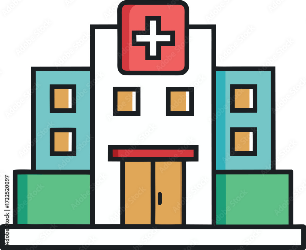 Obraz premium Vector illustration of a medical building icon, featuring a cross symbol and a simple structure design.