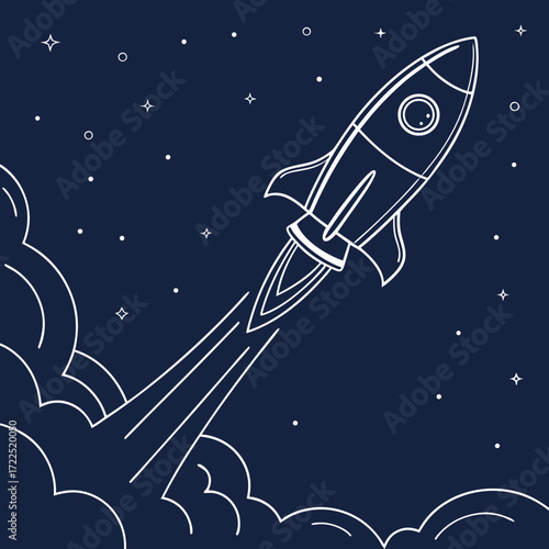 A stylized white line drawing of a rocket launching into a dark blue starry night sky with stylized clouds and exhaust trails