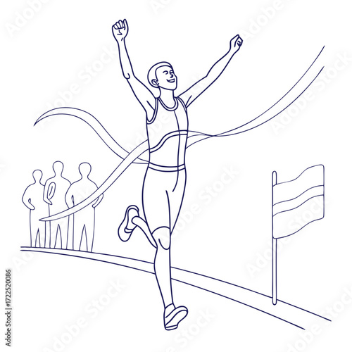 A triumphant runner breaks the finish line tape with arms raised in victory celebrating their win as spectators watch and a flag flies nearby symbolizing achievement and success in a race