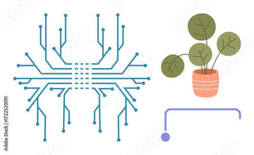 Circuit board design linked to a potted plant representing the fusion of nature and technology. Ideal for sustainability, environment, innovation, eco-tech, green energy, AI, growth metaphor. A
