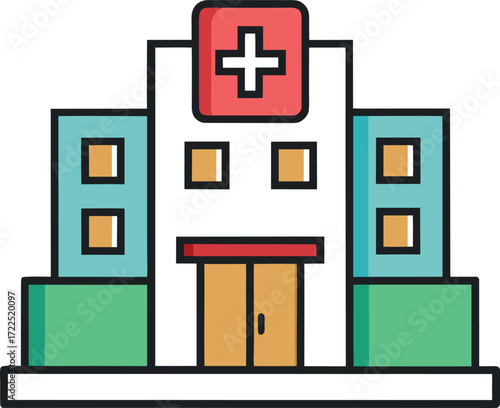 Vector illustration of a medical building icon, featuring a cross symbol and a simple structure design.