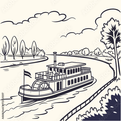 A vintage paddlewheel steamboat navigates a winding river through a scenic landscape with trees and clouds in a charming black and white illustration