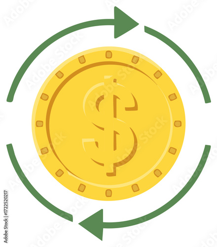 Financial concept with golden coin and revolving green arrows