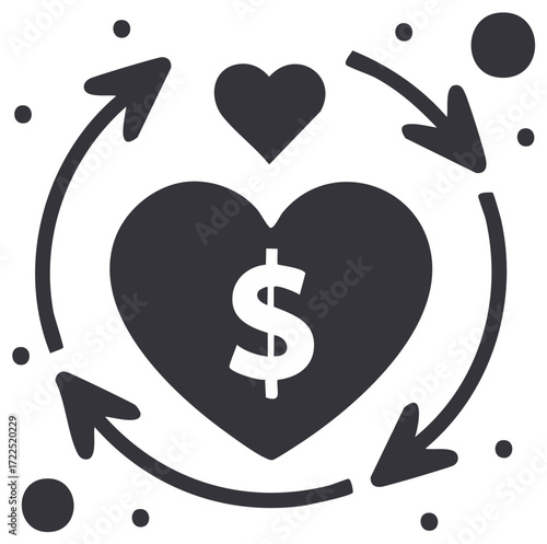 Heart with Dollar Sign and Circular Arrows Representing Financial Cycle or Love of Money