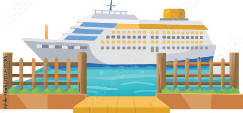 Illustration of a cruise ship at dock, depicted in a vector style against a plain white background.