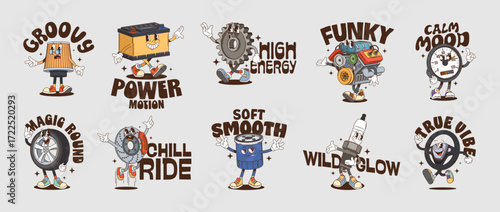 Car spare parts y2k groovy funny stickers with cartoon automotive characters with expressive faces and playful poses. Battery, gear, engine, spark plug and tire patches, garage and mechanic personages