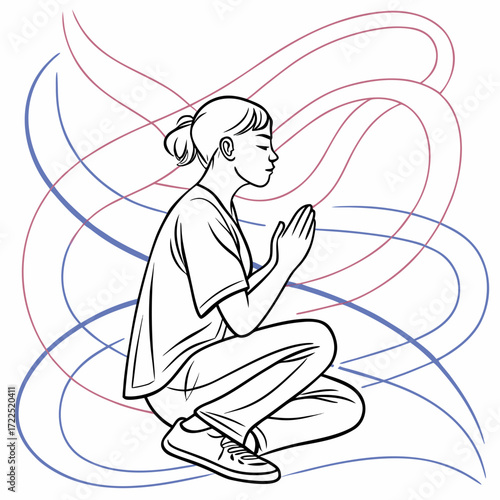 A young woman in casual clothing sits in a meditative pose with her hands pressed together in prayer or mindfulness surrounded by flowing abstract lines