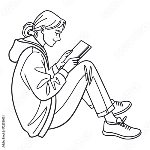 A young woman with her hair in a bun wearing a hoodie and jeans sits on the floor reading a book with a smile on her face