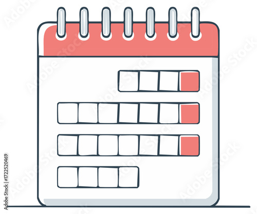 Cartoon calendar with highlighted dates, illustration of schedule, agenda, time management