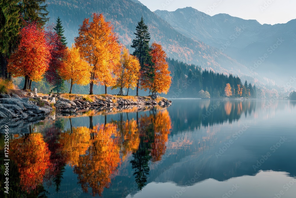 Obraz premium Autumn trees reflect on a serene lake with mountains backdrop. Ideal for travel blogs, nature articles, or landscape photography projects.