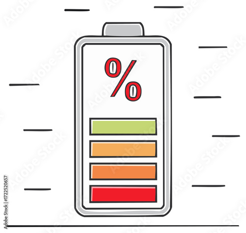 Hand drawn battery indicator icon showing zero percent power charge level