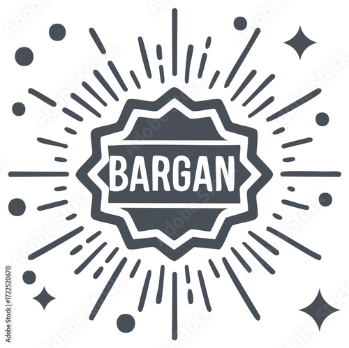 Retro bargain tag illustration with rays and stars, discount sticker, sales promotion, price savings, commerce marketing