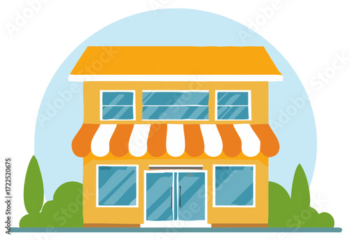 Cartoon illustration of a yellow two story storefront with a striped awning