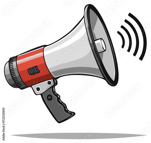Red cartoon megaphone or bullhorn illustration with sound waves for announcements and public speaking
