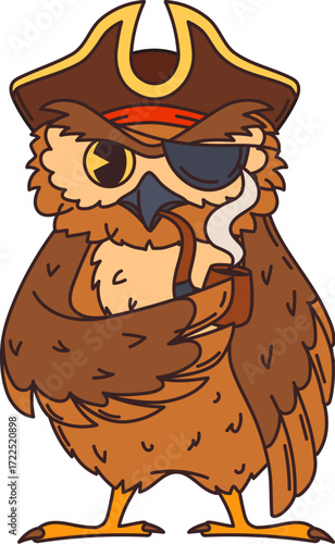 Cartoon owl pirate of corsair ship crew animal character, vector personage. Funny owl in captain tricorne cocked hat, sailor eyepatch and smoking pipe as Caribbean corsair or seaman character